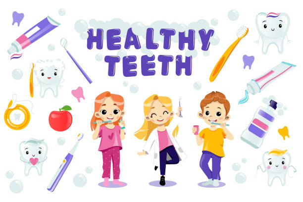 ilustrações de stock, clip art, desenhos animados e ícones de children take care of their teeth. healthy teeth concept. vector illustration in flat cartoon style with colorful writing. young male and female characters, tooth brush, paste, other items around - aluno dentista