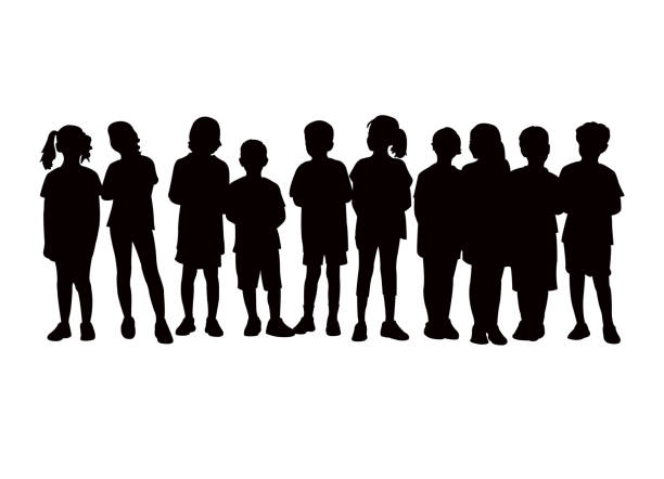 Children together, waiting in line silhouette vector Children together, waiting in line silhouette vector child silhouettes stock illustrations