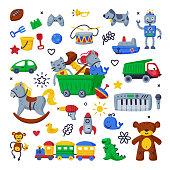 Children Toys Set, Various Objects for Kids Development and Entertainment, Wheeled Plastic Box of Colorful Toys for Kindergarten or Playground Cartoon Style Vector Illustration.