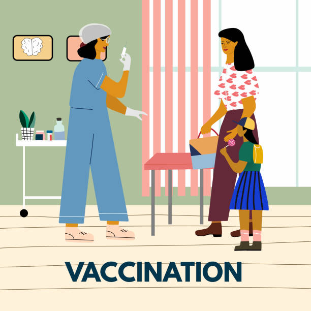 çocuk aşılama ve bağışıklama kavramı. çocuklu bir anne aşı enjeksiyonu yapacak.  bir çocuğu aşılamaya hazır şırıngalı çocuk doktoru. düz vektör çizimi. - polio stock illustrations