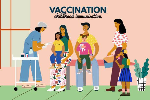 Children vaccination and immunization concept poster. Doctor pediatrician with syringe vaccinate a kid girl. Children with parents wait in a queue in medical clinic. Flat  vector illustration. Children vaccination and immunization concept poster. Doctor pediatrician with syringe vaccinate a kid girl. Children with parents wait in a queue in medical clinic. Flat colorful vector illustration. polio stock illustrations