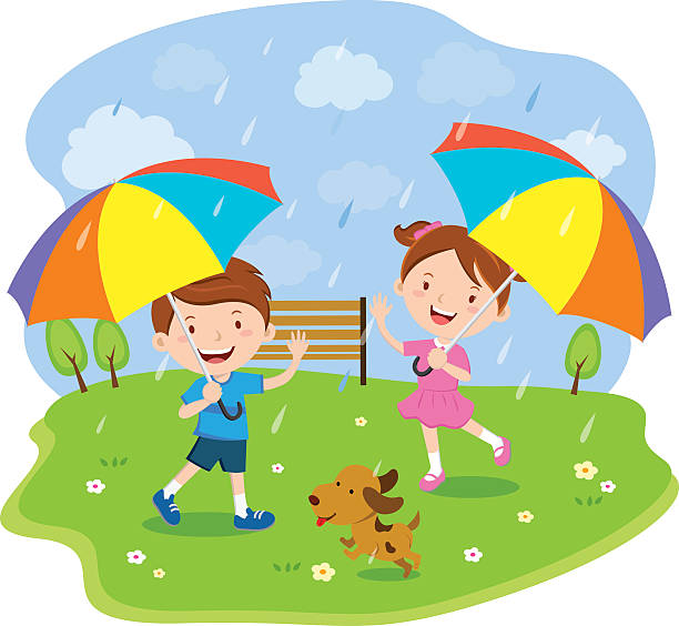 illustrations, cliparts, dessins animés et icônes de enfants avec des parapluies multicolores - pluie jardin