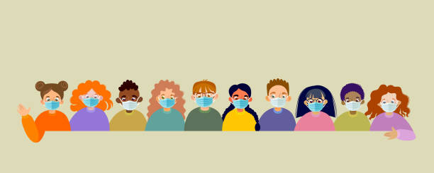 stockillustraties, clipart, cartoons en iconen met children with protective mask flat vector illustration. a set of children with different skin and hair colors in medical masks. - alleen kinderen