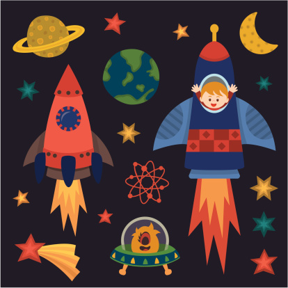 children with rocket in space