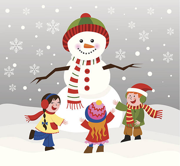 Children with snowman vector art illustration