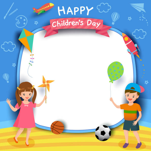 children-day-boy-girl Happy Children's Day with boy and girl playing on blue background. child borders stock illustrations