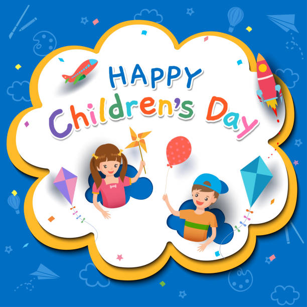 Children-day-poster Happy Children's Day with boy and girl playing toys on background. education borders stock illustrations
