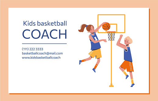 Children's basketball coach business card. Flat design concept with funny kids playing ball. isolated on beige background. Vector design of boy and girl