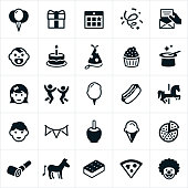 Icons related to birthday parties, particularly as they pertain to children's birthday parties. The icons include balloons, gift, calendar, confetti, invitation, boy, girl, baby, birthday cake, cupcake, magic, cotton candy, food, merry go round, decorations, ice cream, and clown.