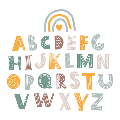 Children's cute alphabet in boho style. Scandinavian lettering. It can also be used for posters, covers, banners and more.