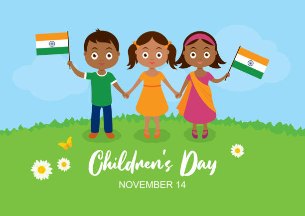 Children's Day in India vector Indian children with indian flag vector. Cute little boy and girls holding hands vector. Three indian children on a meadow icon. Children's Day Poster, November 14. Important day happy childrens day stock illustrations