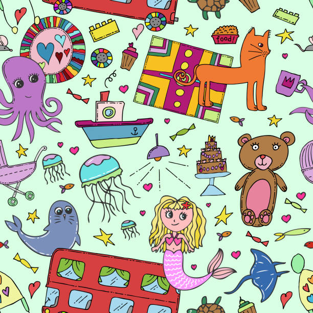 детские рисунки бесшовные фоновый эскиз с русалкой, игрушки и чай время цвет каракули ребенка рука обращается картина искусства мультфиль� - teddy ray stock illustrations