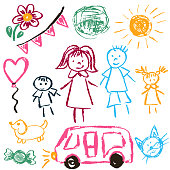 Children's drawings. Elements for the design of postcards, backgrounds, packaging. Printing for clothing. Family, sun, ball, dog car cat