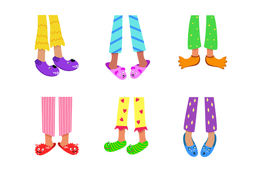 Children's feet in colored pajamas and funny slippers. Vector illustration of home sleeping clothes and shoes. The concept of a pajama party.