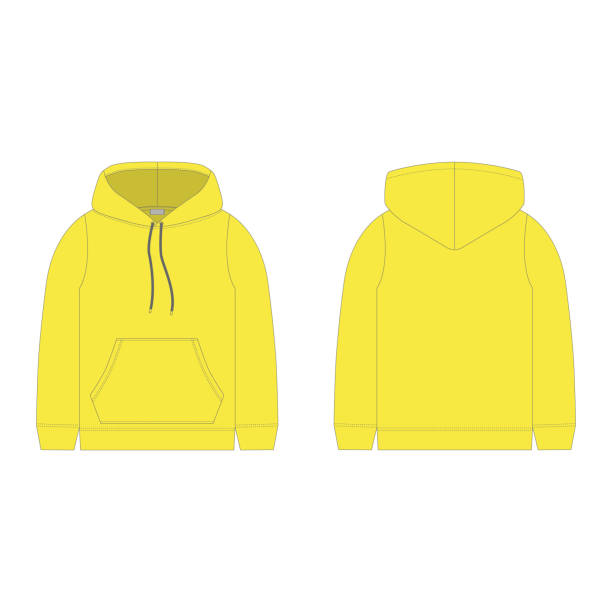 Children's hoodie in yellow color isolated on white background. Technical sketch hoody kids clothes. Children's hoodie in yellow color isolated on white background. Technical sketch hoody kids clothes. Vector fashion illustration. blank hoodie template drawing stock illustrations