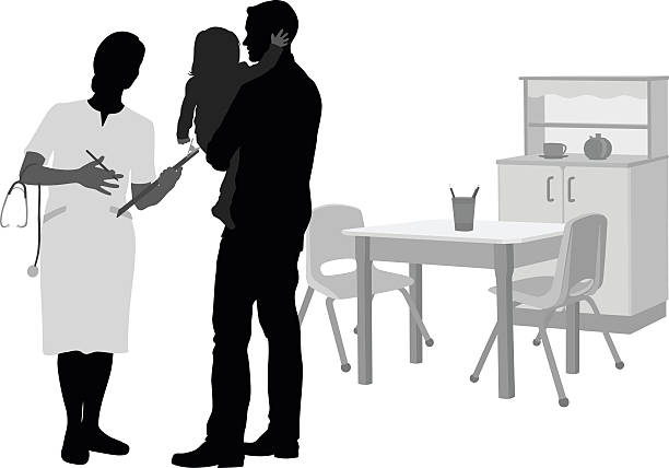 Children's Hospital Worker Vector illustration of silhouette people.  A nurse is meeting with a man and his toddler.  Behing them is a play area with toy furniture.  The nurse has a clipboard and a stetoscope. kitchen silhouettes stock illustrations