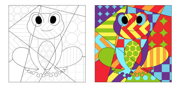 children's illustration coloring book in style of pop art. Coloring book with frog illustration, color and black and white image children's illustration coloring book in style of pop art. Coloring book with frog illustration, color and black and white image frog clipart black and white stock illustrations