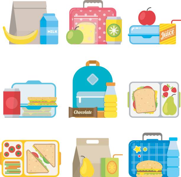 Children's school lunch box icon in flat style School lunch boxes set. Children's lunch bags and trays with hamburgers, soda, frits and other food. Kids school lunches icons in flat style. lunch box stock illustrations