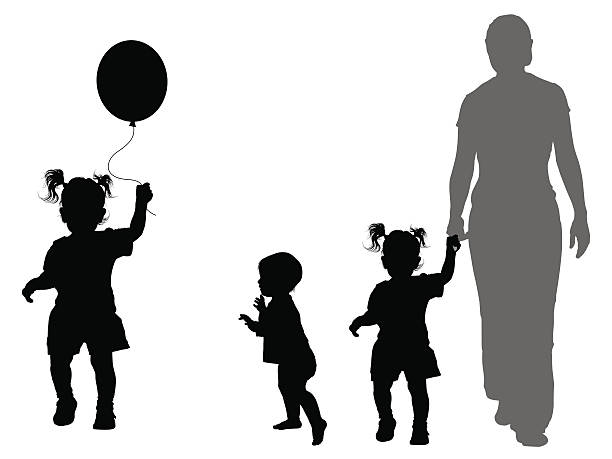 Children's silhouettes Silhouettes of little girl with a balloon, baby before a mirror, little girl with mom balloon silhouettes stock illustrations