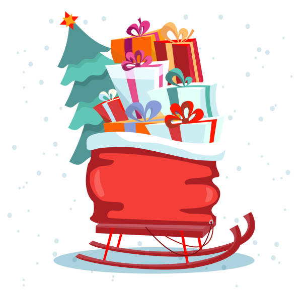 선물의 빨간 가방과 흰색 배경에 크리스마스 트리와 어린이 썰매. 여러 가지 빛깔의 선물 상자는 리본과 활로 아름답게 장식되어 있습니다. 평면 만화 스타일 벡터 일러스트레이션입니다. - 썰매 여가장비 stock illustrations