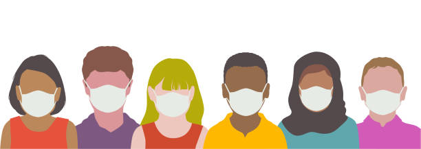 Childrens wearing protective face masks vector art illustration