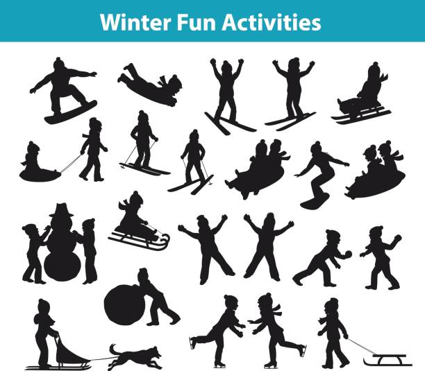 children's Winter fun activities in ice and snow silhouette set Children's Winter fun activities in ice and snow silhouette set collection, kids palying snowballs, making snowman, sledding downhill, rolling snow, skating, snowboarding, skiing, riding on sleigh pulled by husky dog and lying on snow winter silhouettes stock illustrations