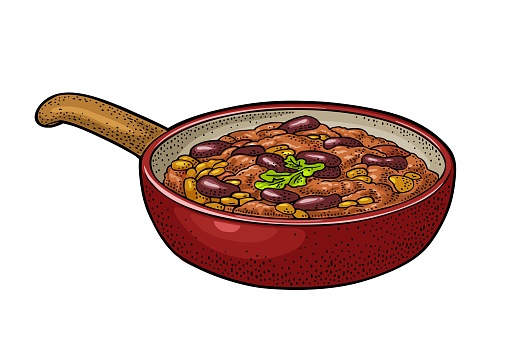 Chili Con Carne In Pan Traditionelles Mexikanisches Essen Vektorgravur Stoc...