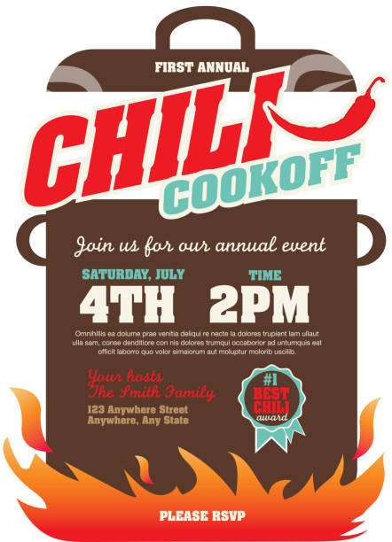 Chili cookoff event invitation design template Vector illustration of a Chili Cookoff invitation design template. Bright and colorful. Includes turquoise, red, brown color themes with large crock pot on flames. White background Perfect for white background design for picnic invitation design template, summer barbecue event, picnic celebration, backyard bbq, private or corporate party, birthday party, fun family event gathering, potluck supper. cooking competition stock illustrations