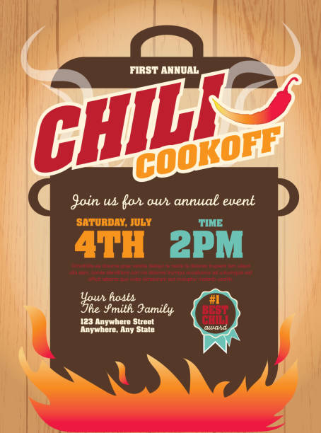Chili cookoff invitation design template on wooden background Vector illustration of a Chili Cookoff invitation design template. Bright and colorful. Includes yellow, red color themes with large crock pot on flames. Wooden background Perfect for white background design for picnic invitation design template, summer barbecue event, picnic celebration, backyard bbq, private or corporate party, birthday party, fun family event gathering, potluck supper. cooking competition stock illustrations