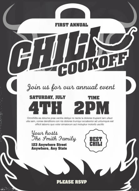 Chili cookoff on chalkboard invitation design template Vector illustration of a Chili Cookoff invitation design template. Bright and colorful. Includes white and gray color themes with large crock pot on flames. Chalkboard,blackboard,chalk. Perfect for white background design for picnic invitation design template, summer barbecue event, picnic celebration, backyard bbq, private or corporate party, birthday party, fun family event gathering, potluck supper. cooking competition stock illustrations
