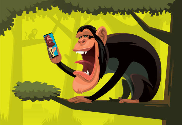 chimpanzee video chatting with caveman via smartphone vector illustration of chimpanzee video chatting  with caveman via smartphone laughing monkey stock illustrations