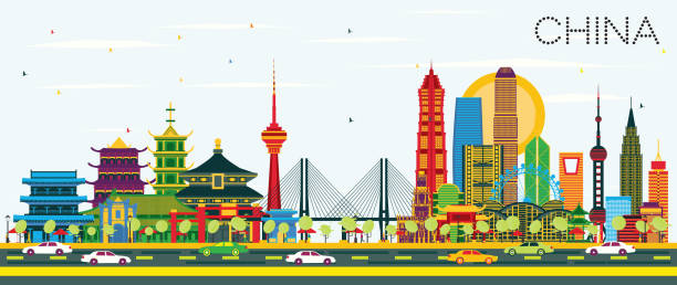 illustrazioni stock, clip art, cartoni animati e icone di tendenza di china city skyline con edifici a colori. luoghi famosi in cina. - beijing
