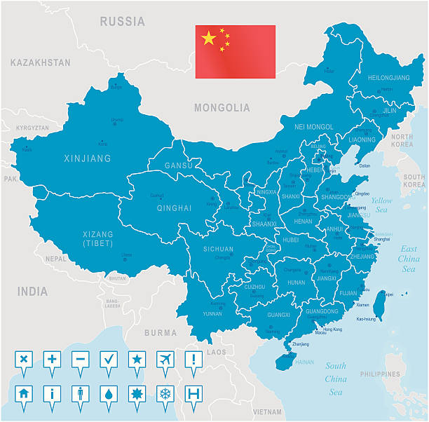 China map - regions, cities and navigation icons http://s017.radikal.ru/i404/1110/87/2c00b7bbd3ec.jpg china east asia stock illustrations