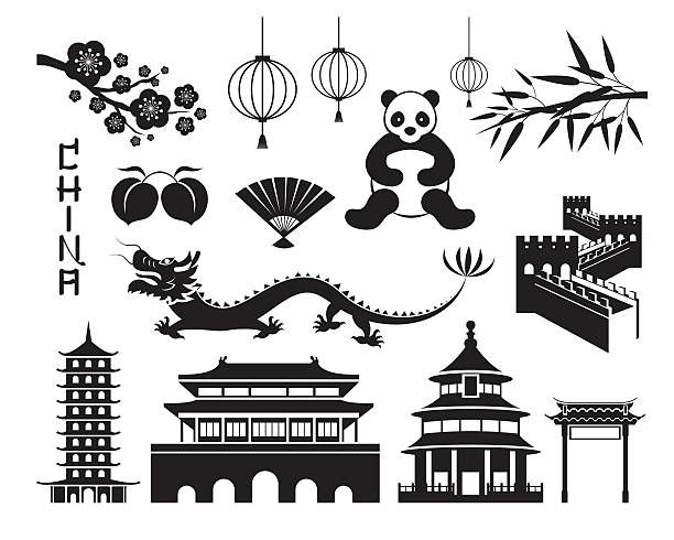 china mono objekte festlegen - chinesische mauer stock-grafiken, -clipart, -cartoons und -symbole