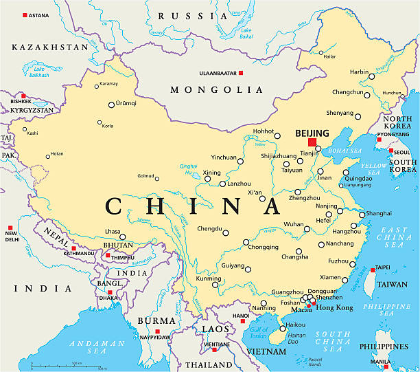 China Political Map China political map with capital Beijing, national borders, important cities, rivers and lakes. English labeling and scaling. Illustration. china stock illustrations