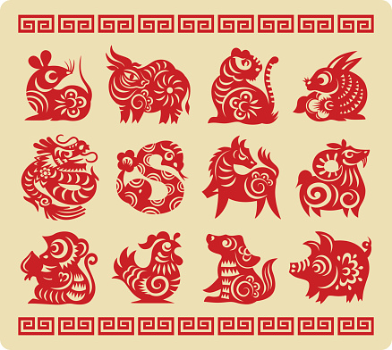 Chinese 12 Zodiac Paper Cutting Stock Illustration - Download Image Now