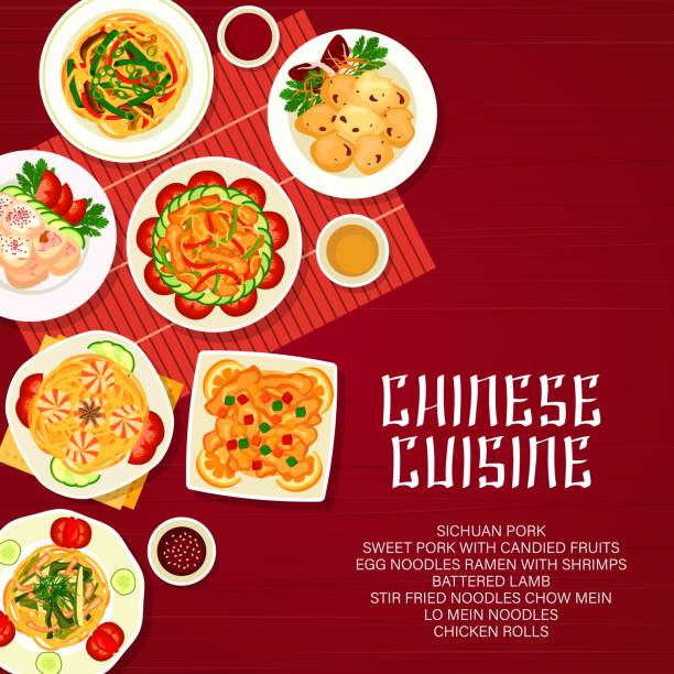 Chinese cuisine food, Asian noodles menu cover Chinese food and Asian cuisine menu cover with noodles and chicken or pork, vector poster. Chinese restaurant traditional lunch and dinner food, Sichuan pork with chicken rolls and battered lamb spices of the world stock illustrations