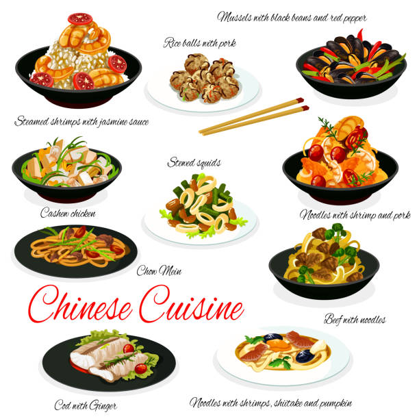 bildbanksillustrationer, clip art samt tecknat material och ikoner med kinesiskt matkött, grönsaker, skaldjur och ris - fisk med stekt svamp