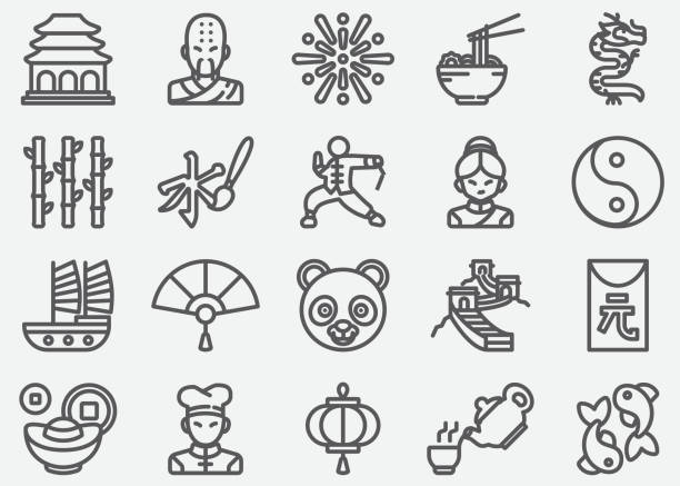 chinesische kultur-linie-ikonen - asiatischer koch stock-grafiken, -clipart, -cartoons und -symbole