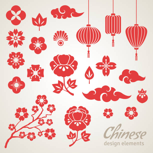 Chinese Decorative Icons, Clouds, Flowers and Chinese Lights Chinese Decorative Icons - Clouds, Flowers and Chinese Lights. Vector Illustration. Sakura Branch. Peony Flowers. Chinese Lantern. chinese culture stock illustrations