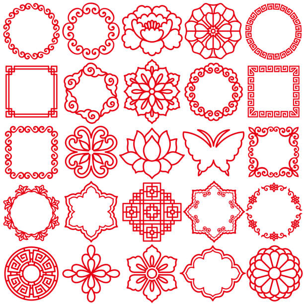 Chinese decorative icons. Set of Chinese decorative icons. flower symbols stock illustrations