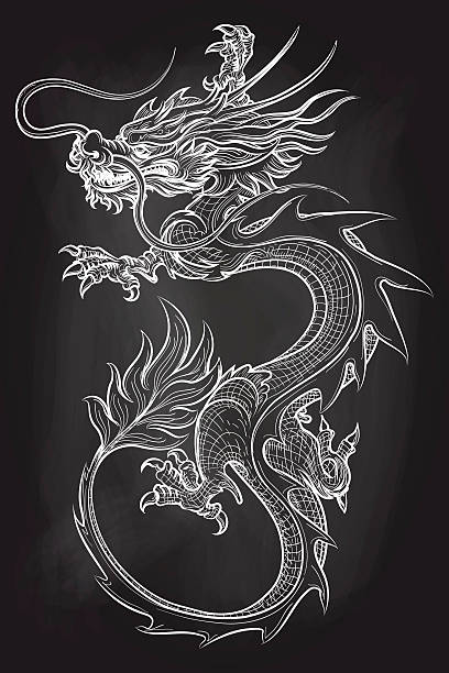 illustrazioni stock, clip art, cartoni animati e icone di tendenza di drago cinese sullo sfondo della lavagna - draghi
