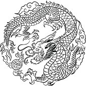 Chinese dragon chasing flaming ball, round pattern.