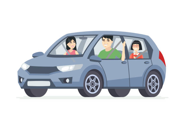 Chinese family in the car - cartoon people character illustration Chinese family in the car - cartoon people character illustration on white background. An image of a young smiling parents with happy daughter in a vehicle on a road trip, having a good time together teen driving stock illustrations