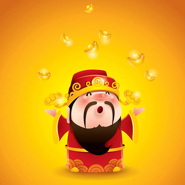 Chinese God of Wealth. Falling gold bullions. vector art illustration
