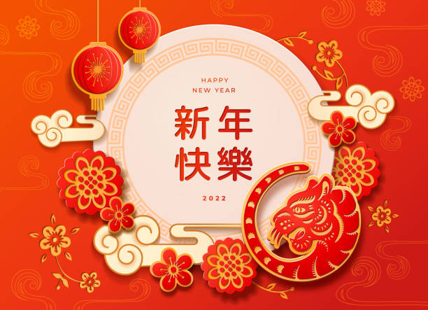 Chinese, Korean, Japanese CNY banner with clouds and lantern, paper cut tiger zodiac sign, flower arrangement. Text translation Happy New Year 2022. Greeting card design with holiday symbols Chinese, Korean, Japanese CNY banner with clouds and lantern, paper cut tiger zodiac sign, flower arrangement. Text translation Happy New Year 2022. Greeting card design with holiday symbols chinese currency stock illustrations