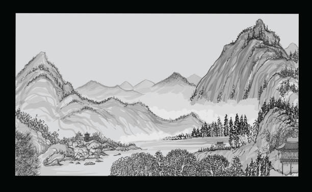 illustrations, cliparts, dessins animés et icônes de paysage chinois de montagne et nuages - panneau village