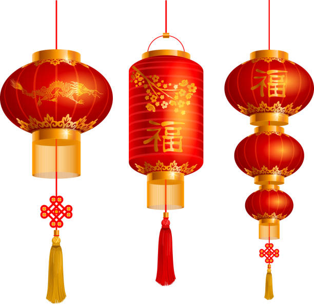 Chinese lanterns set Vector set of red Chinese lanterns circular and  cylindrical shape chinese lantern stock illustrations