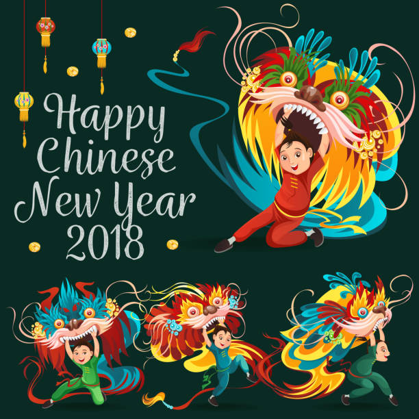 Chinese Lunar New Year Lion Dance Fight isolated on dark background, happy dancer in china traditional costume holding colorful dragon mask on parade or carnival, cartoon style vector illustration Chinese Lunar New Year Lion Dance Fight isolated on white background, happy dancer in china traditional costume holding colorful dragon mask on parade or carnival, cartoon style vector illustration. chinese year of the dog stock illustrations
