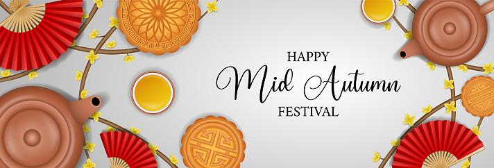 Chinese mid autumn festival banner with teapots and mooncakes